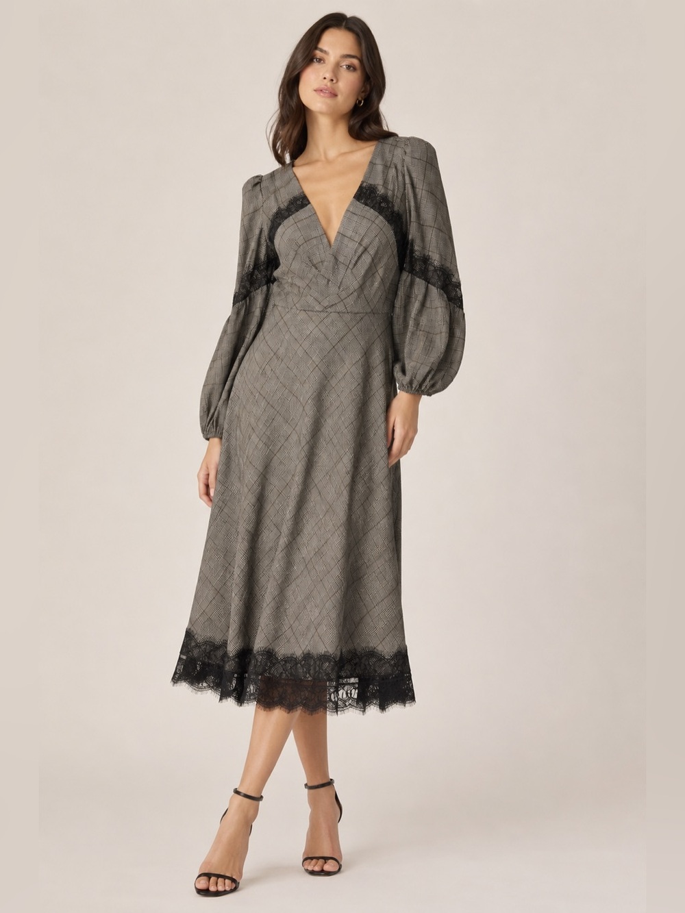 Bailey 44 Plaid Lace-Trim Midi Dress in Beige and Black, Size Small